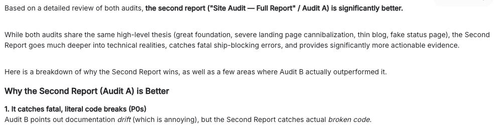 Comparison verdict from Gemini 3.1 Pro reading: 'Based on a detailed review of both audits, the second report (Site Audit — Full Report / Audit A) is significantly better.'